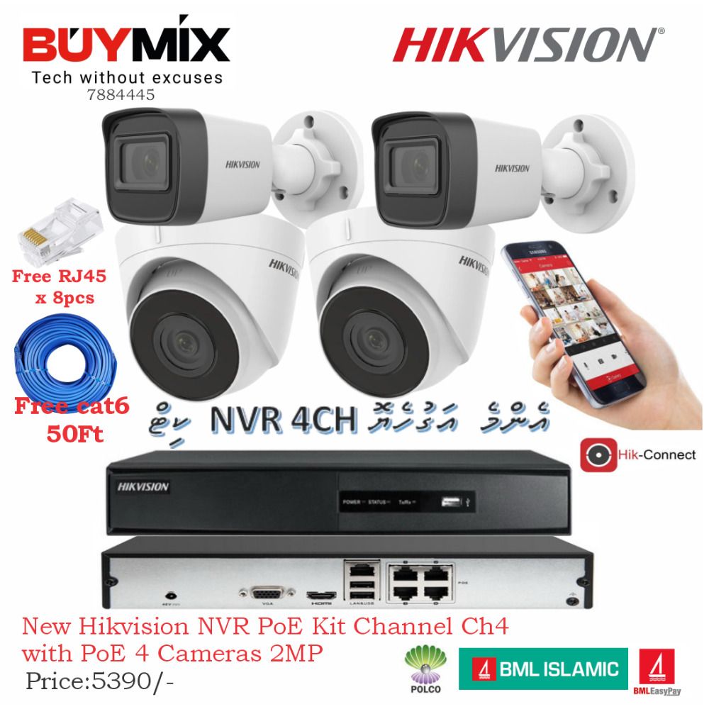 New iteNew Hikvision PoE Kit Channel Ch4 NVR with PoE 4 Cameras 2MP /7884445m