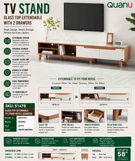 TV Stand (Extendable) GLASS TOP WITH 2 DRAWERS